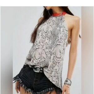 Free People Snakeskin Halter Top with red trim through the night open back